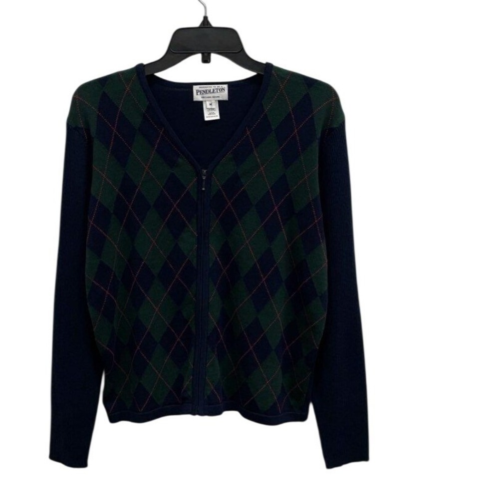 Pendleton Mens Argyle Full Zip V-Neck Cardigan Sweater Navy Green Cotton Size M